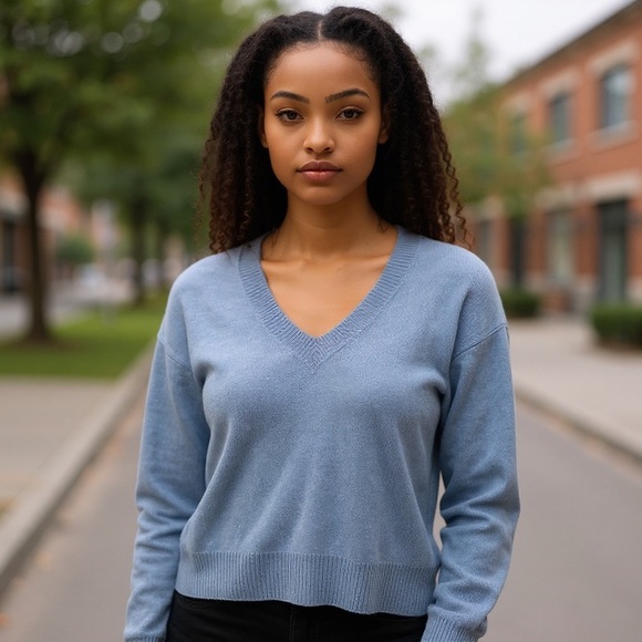 Divided Light Blue V-neck Cropped Sweater - Picture 8 of 8